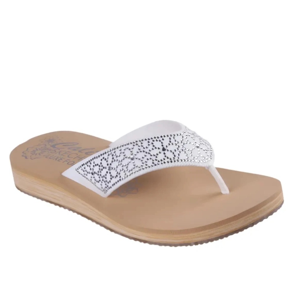 New Skecher Cali Summer Low Rhinestone White Flip Flops Sandals Women's Size 7
